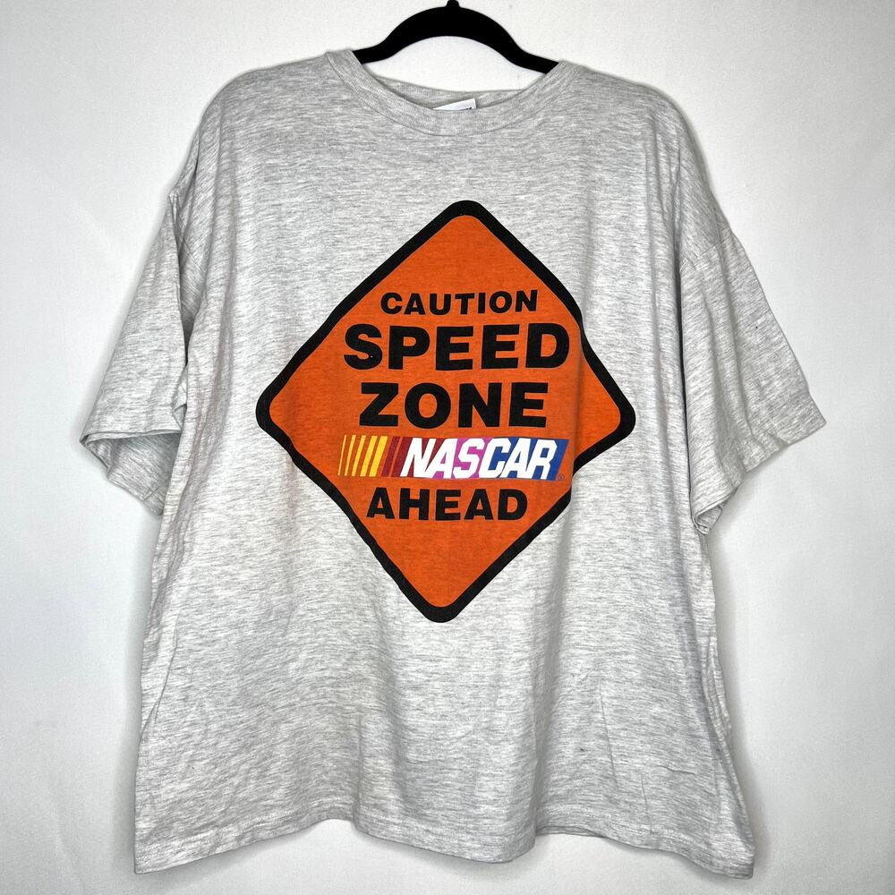 Rare Vintage TSI Caution Speed Zone Ahead NASCAR Racing T Shirt 90s Gray Size XL